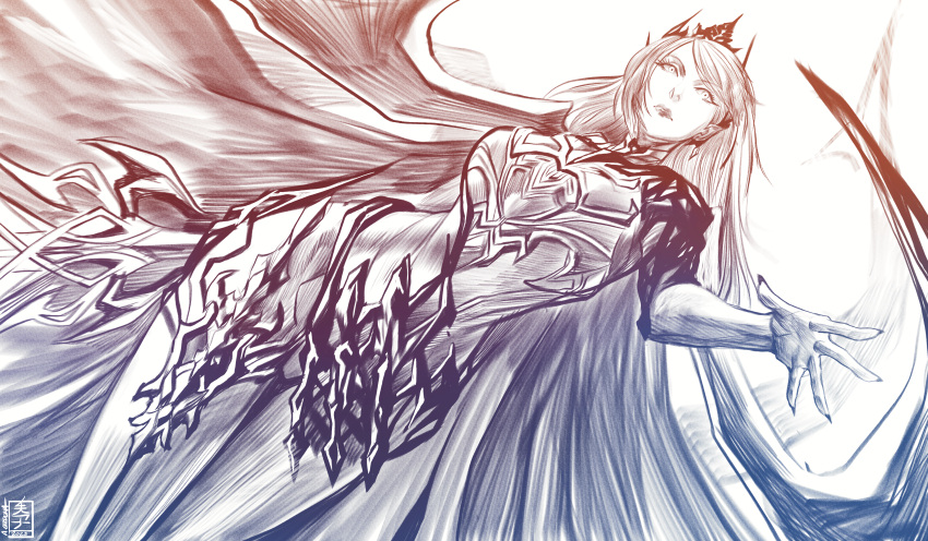 1girl absurdres acecore2k bird breasts cape crow final_fantasy final_fantasy_xvi graphite_(medium) greyscale highres holding holding_sword holding_weapon long_hair monochrome outstretched_arm shiva_(final_fantasy) signature simple_background sketch solo swept_bangs sword traditional_media weapon white_background