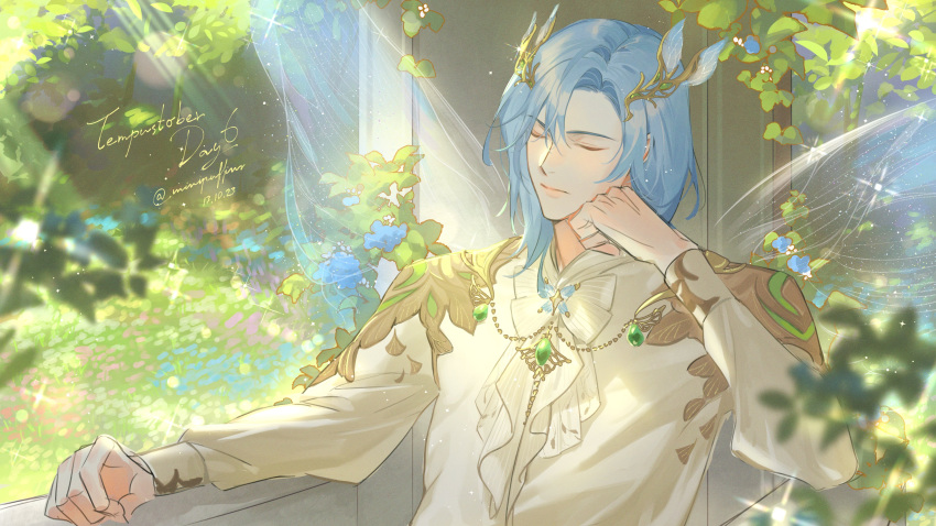 1boy absurdres blue_hair closed_eyes fairy_wings flower forest frilled_shirt_collar frills hand_on_own_cheek hand_on_own_face highres holostars holostars_english nature regis_altare rm-parfait sitting solo throne tree wings