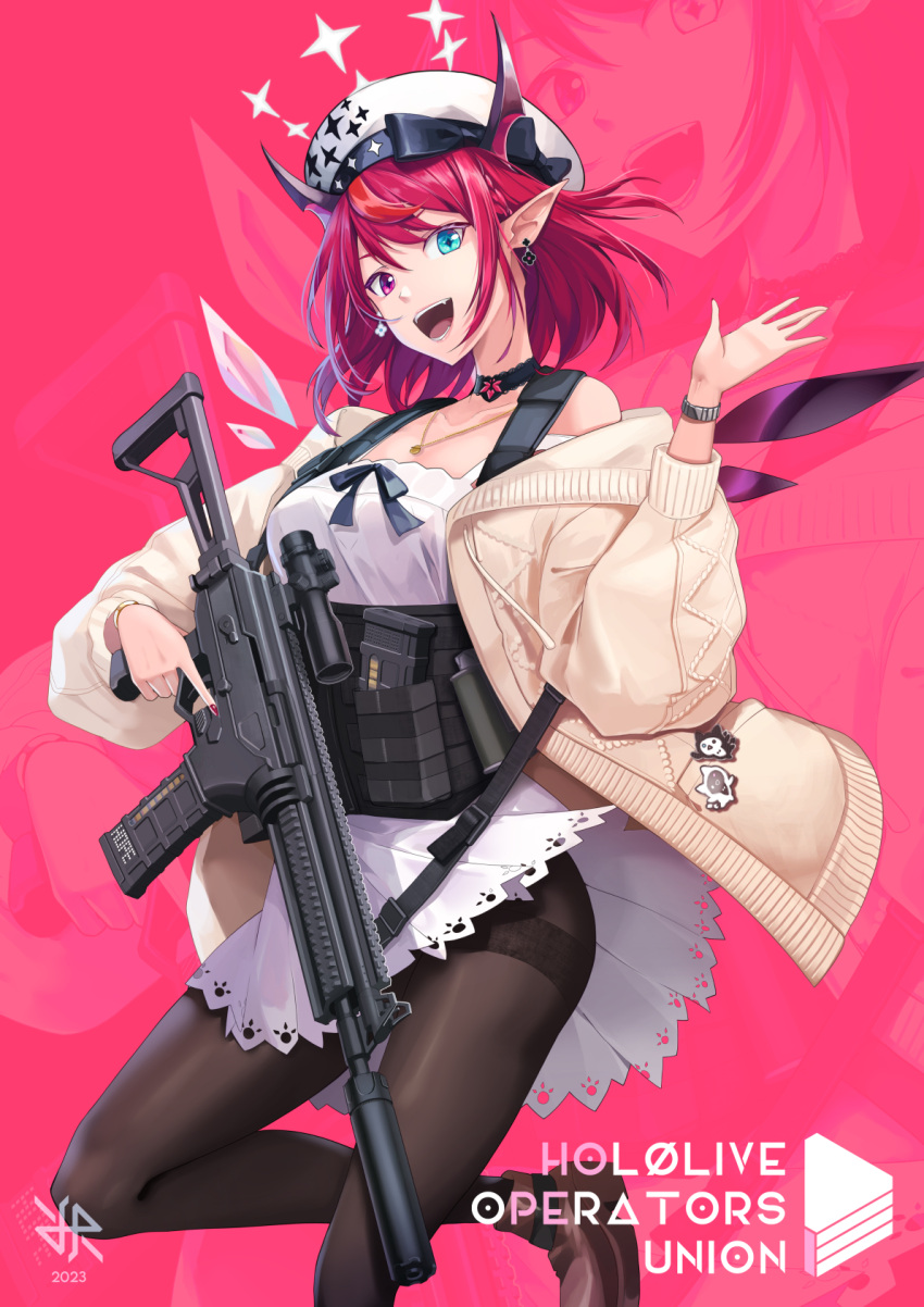 1girl artist_name blue_eyes check_weapon dated dress english_text gun heterochromia highres hiroki_ree hololive irys_(hololive) jacket looking_at_viewer pink_background pink_eyes red_nails scope shirt sig_mpx smile solo sparkle submachine_gun thighs trigger_discipline waving weapon white_dress white_headwear white_shirt yellow_jacket