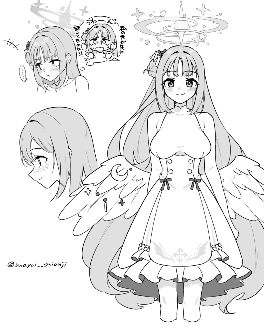 1girl :t angel_wings armpit_crease bare_shoulders blue_archive bow breasts closed_mouth commentary_request dress expressions feathered_wings hair_bun hair_ornament hair_scrunchie halo highres large_breasts long_hair low_wings mika_(blue_archive) multiple_views pout profile reference_sheet saionji_mayoi scrunchie single_side_bun sleeveless sleeveless_dress smile standing straight-on thought_bubble translation_request very_long_hair wing_decorations wings