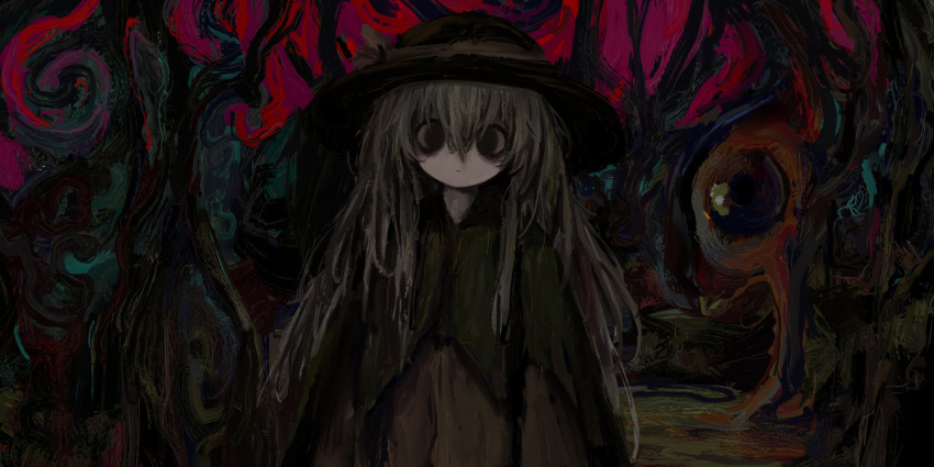 1girl abstract_background black_eyes black_headwear closed_mouth dark expressionless green_shirt grey_hair hair_between_eyes highres komeiji_koishi long_hair long_sleeves looking_at_viewer red_sky reverinth shirt sky solo straight-on touhou two-tone_shirt upper_body yellow_shirt
