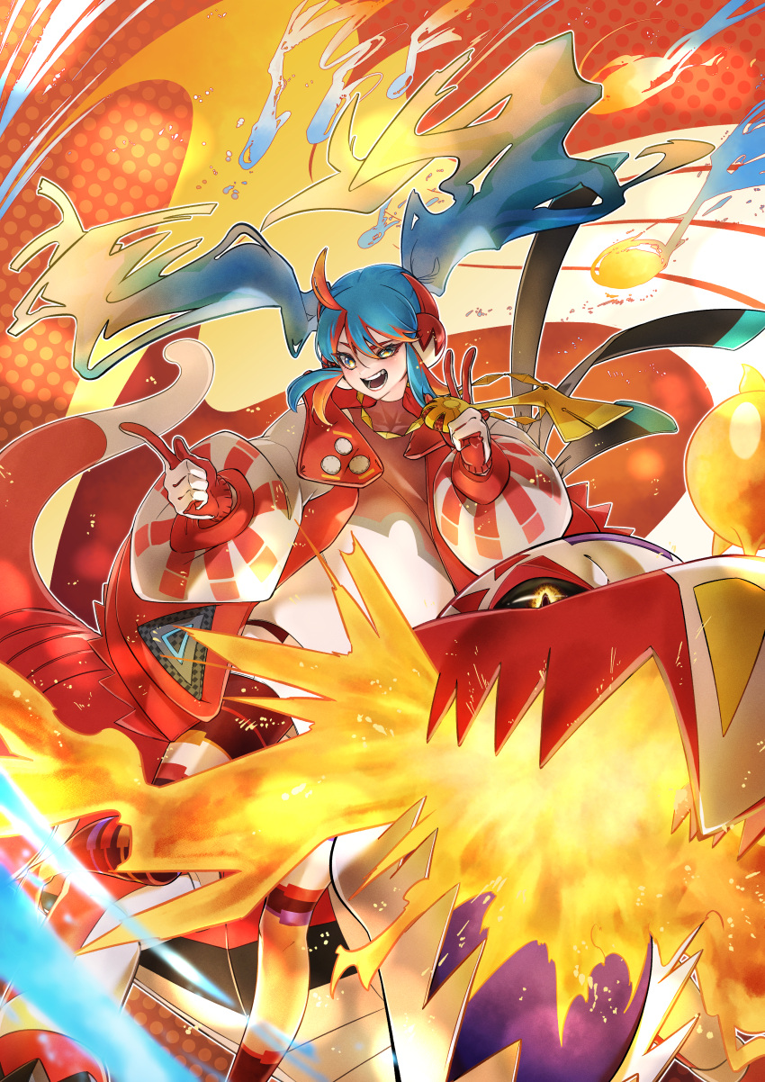 1girl :d absurdres ahoge blue_eyes blue_hair coat commentary_request eyelashes fire fire_miku_(project_voltage) floating_hair gloves hair_between_eyes hatsune_miku highres holding index_finger_raised knees long_hair long_sleeves open_clothes open_coat open_mouth poke_ball_print pokemon pokemon_(creature) project_voltage shirt skeledirge smile taiju_(gr09kuma) teeth twintails v vocaloid