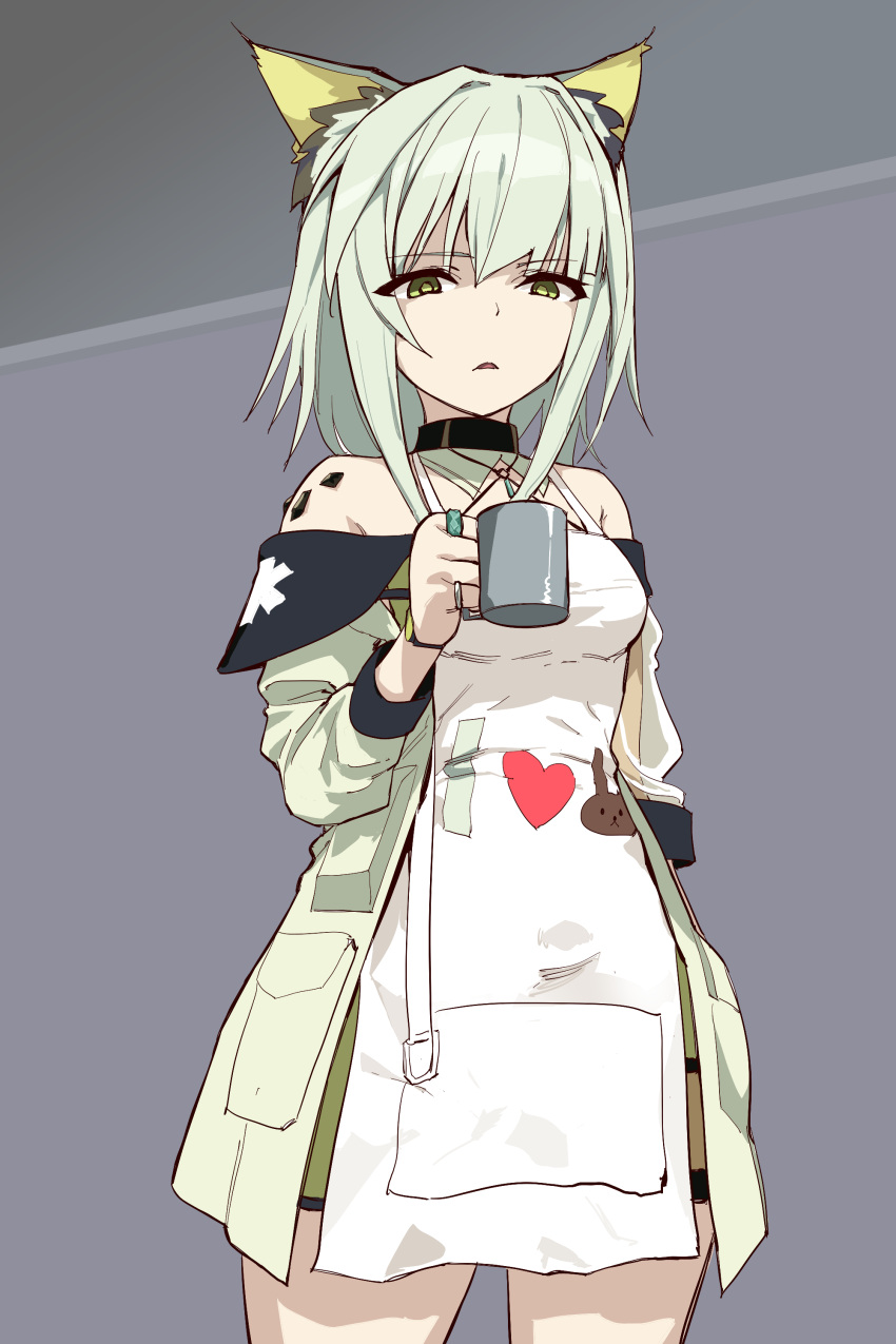 1girl absurdres amiya_(arknights) animal_ear_fluff animal_ears apron arknights bare_shoulders breasts cat_ears cat_girl commentary_request cowboy_shot cup dress green_dress green_eyes green_hair green_jacket grey_background heart highres holding holding_cup infection_monitor_(arknights) jacket jewelry kal'tsit_(arknights) kinbakuman long_sleeves looking_at_viewer medium_breasts medium_hair multiple_rings off-shoulder_dress off_shoulder open_clothes open_jacket oripathy_lesion_(arknights) parted_lips ring sidelocks solo watch watch white_apron