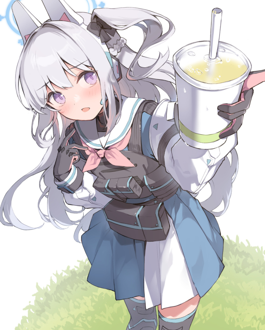 1girl ammunition_pouch animal_ears black_thighhighs black_vest blue_archive blue_halo blue_shirt blue_skirt blush braid bulletproof_vest commentary cropped_legs cup dot_nose drink drinking_straw earpiece fake_animal_ears french_braid from_above grass hair_between_eyes hair_intakes halo hand_up highres holding holding_drink leaning_forward long_hair long_sleeves looking_up miya_kazutomo miyako_(blue_archive) neckerchief one_side_up open_mouth pink_neckerchief pleated_skirt pouch rabbit_ears sailor_collar shirt skirt solo standing thigh-highs turtleneck vest violet_eyes white_background white_sailor_collar white_sleeves
