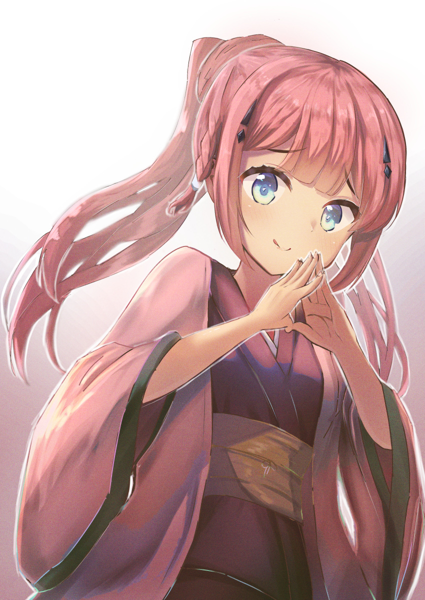 1girl :q absurdres aqua_eyes blunt_bangs blush braid center-flap_bangs closed_mouth commentary_request eyelashes furrowed_brow gradient_background hair_ornament hairclip highres japanese_clothes kamiyama_shiki kimono kokoroofiscream long_hair long_sleeves looking_at_viewer open_clothes open_kimono own_hands_together pink_kimono ponytail redhead smile solo standing steepled_fingers summer_pockets tongue tongue_out twin_braids upper_body white_background wide_sleeves