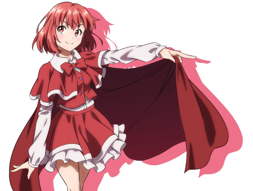 1girl buttons cape closed_mouth collared_shirt feet_out_of_frame frilled_skirt frills gyouza_(mhea5724) long_sleeves okazaki_yumemi red_cape red_eyes red_skirt red_vest redhead shirt short_hair simple_background skirt smile solo touhou touhou_(pc-98) vest white_background white_shirt