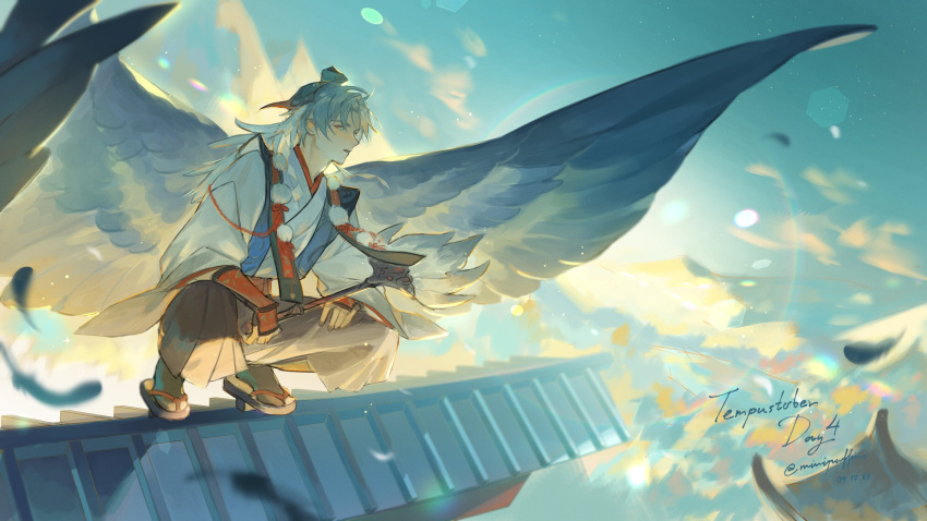 1boy absurdres blue_hair day feathered_wings feathers green_eyes hand_fan highres holding holding_fan holostars holostars_english parted_lips regis_altare rm-parfait rooftop solo squatting tengu wings