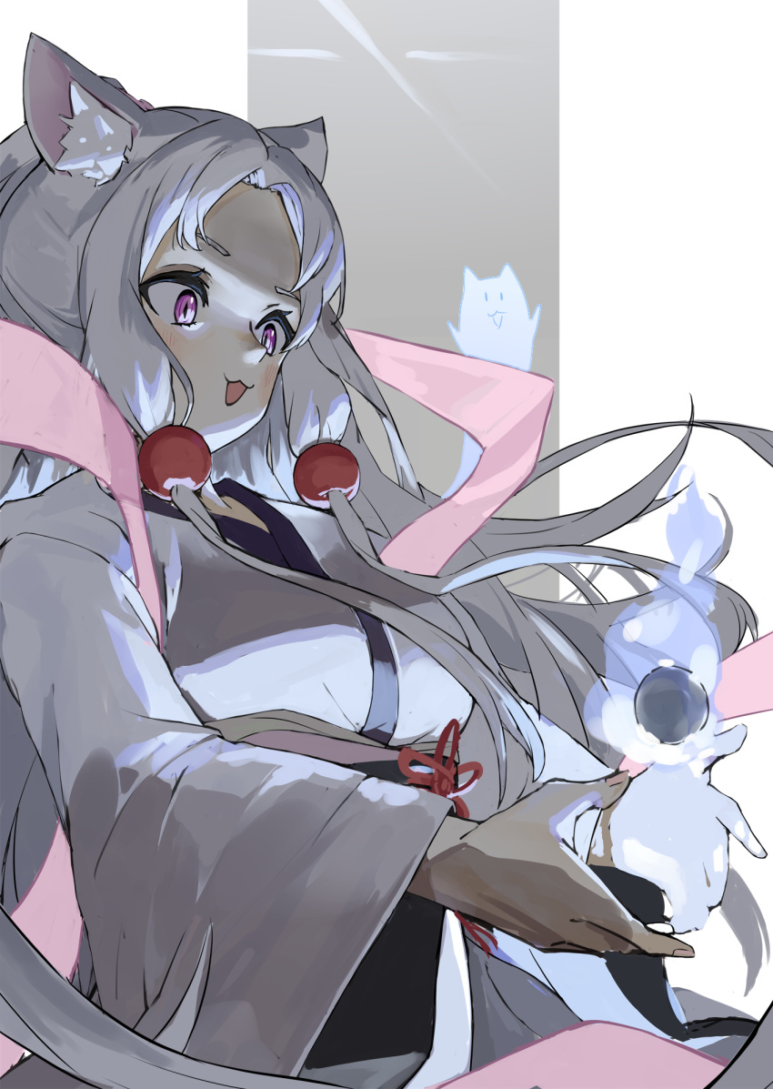 1girl :3 animal_ear_fluff animal_ears beads blush commentary_request curtained_hair floating_hair flower_knot forehead fox_ears ghost grey_background grey_hair hagoromo hair_beads hair_ornament highres japanese_clothes kimono long_hair long_sleeves looking_at_object nhk_(voiceroid) obi object_floating_above_hand open_mouth outside_border outstretched_arms pillarboxed pink_eyes pocche-ex sash shawl sidelocks smile solo touhoku_itako upper_body voiceroid white_kimono will-o'-the-wisp_(mythology)