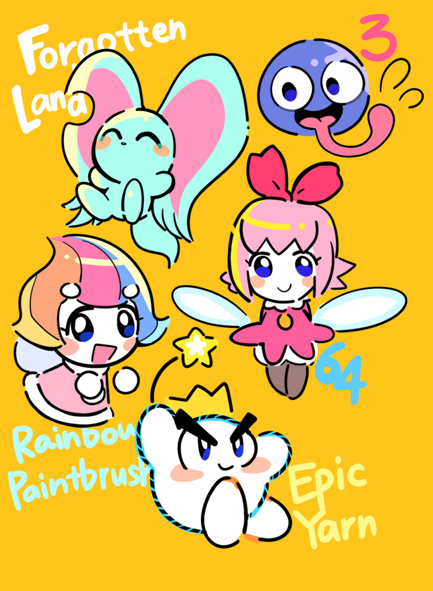 2girls animal_ears blue_skin blush_stickers closed_eyes colored_skin commentary_request copyright_name crown elfilin elline_(kirby) fairy fairy_wings gooey_(kirby) hair_ribbon hakaba_(ksni_tbn) highres kirby's_dream_land_3 kirby's_epic_yarn kirby_(series) kirby_64 kirby_and_the_forgotten_land kirby_and_the_rainbow_curse looking_at_viewer mouse_ears multicolored_hair multiple_girls notched_ear open_mouth pink_hair prince_fluff ribbon ribbon_(kirby) smile star_(symbol) thick_eyebrows tongue tongue_out v-shaped_eyebrows wings yellow_background