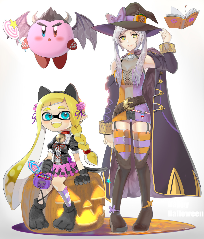 2girls absurdres adjusting_clothes adjusting_headwear animal_ears animal_hands ao_hito bell belt black_belt black_footwear black_gloves black_headwear black_shirt blonde_hair blue_coat book boots bow braid breasts candy cat_ears coat colored_tongue commentary company_connection dress english_text fake_animal_ears fire_emblem flower food frilled_skirt frilled_sleeves frills garter_straps gloves grey_hair hair_flower hair_ornament halloween halloween_bucket halloween_costume halterneck hat hat_bow highres inkling jack-o'-lantern jingle_bell kirby kirby_(series) layered_skirt lollipop long_hair medium_breasts microdress miniskirt multiple_girls neck_bell open_clothes open_coat orange_dress orange_thighhighs parted_lips paw_gloves paw_shoes pointy_ears purple_bow purple_dress purple_skirt purple_socks purple_thighhighs robin_(fire_emblem) shirt short_sleeves side_braid single_sock sitting skirt smile socks splatoon_(series) standing striped striped_thighhighs super_smash_bros. thigh-highs thigh_boots two-tone_dress two-tone_thighhighs witch_hat yellow_eyes yellow_tongue