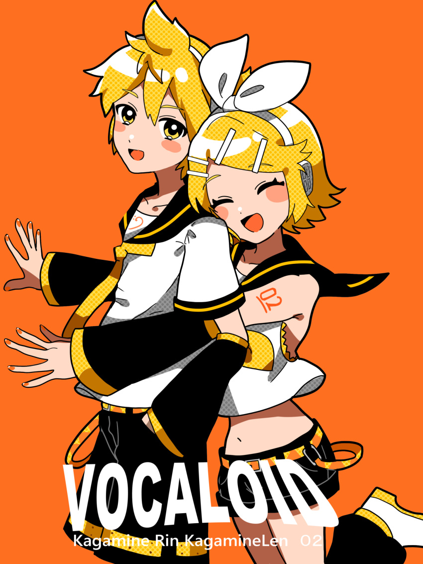 1boy 1girl absurdres arm_tattoo black_sailor_collar black_shorts blonde_hair blush bow character_name closed_eyes copyright_name cropped_shirt detached_sleeves hair_ornament hair_ribbon hairclip hand_in_pocket headphones highres hug hug_from_behind kagamine_len kagamine_rin looking_at_another navel neckerchief open_mouth orange_background orange_nails ribbon sailor_collar shirt short_hair shorts smile standing standing_on_one_leg sugarmonaka tattoo vocaloid white_shirt yellow_neckerchief