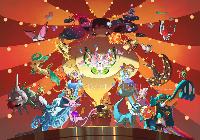 artist_name blue_eyes breathing_fire brown_eyes card circus circus_tent clouds clown_nose copperajah darkvoiddoble drifloon eevee electricity english_commentary espeon fire flareon gigantamax gigantamax_eevee glaceon grookey hat highres hoop jester_cap jolteon jynx leafeon magician mime_jr. natu no_humans on_crescent one_eye_closed onix pachirisu pidove playing_card pokemon popplio red_eyes slowking spheal stage stairs star_(symbol) staryu swing teddiursa top_hat umbreon vaporeon vivillon vivillon_(fancy) vivillon_(meadow) vivillon_(modern) wand