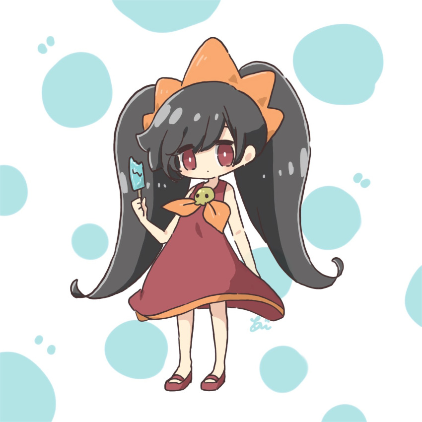 1girl ashley_(warioware) bare_arms bright_pupils dot_mouth dress food full_body hairband highres holding holding_food holding_popsicle kyoro_ai00 mary_janes neckerchief no_nose orange_hairband orange_neckerchief popsicle red_dress red_eyes red_footwear shoes skull_ornament solo standing warioware white_pupils