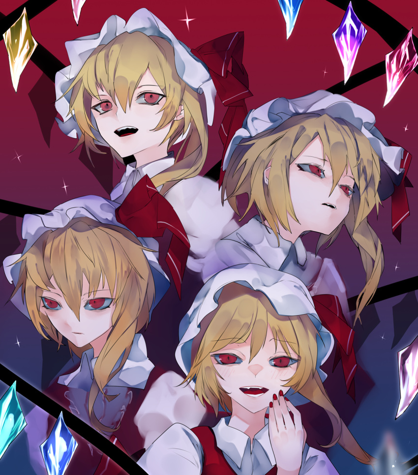 1girl blonde_hair collared_shirt crystal flandre_scarlet four_of_a_kind_(touhou) gradient_background hair_between_eyes hat highres ikurauni medium_hair mob_cap multicolored_wings nail_polish one_side_up open_mouth puffy_short_sleeves puffy_sleeves red_background red_eyes red_nails red_vest shirt short_sleeves simple_background solo teeth touhou upper_body upper_teeth_only vest white_headwear white_shirt wings