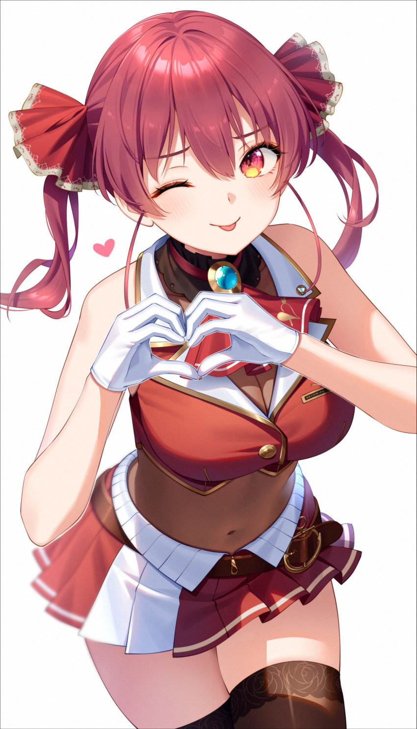 1girl absurdres belt blush breasts bshi_edayo crop_top gloves heart heart_hands highres hololive houshou_marine houshou_marine_(1st_costume) jewelry large_breasts looking_at_viewer navel one_eye_closed red_eyes red_shirt red_skirt redhead shirt skirt smile solo stomach tongue tongue_out twintails virtual_youtuber white_gloves