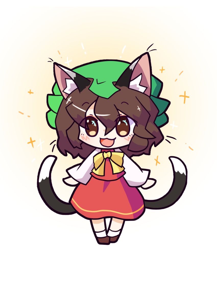 1girl :d animal_ear_fluff animal_ears bow bowtie brown_eyes brown_footwear brown_hair cat_ears cat_tail chen chibi gakubutiudonn449 green_headwear hat highres long_sleeves mob_cap multiple_tails nekomata open_mouth red_skirt red_vest shirt shoes short_hair skirt skirt_set smile solo tail touhou two_tails vest white_background white_shirt yellow_bow yellow_bowtie
