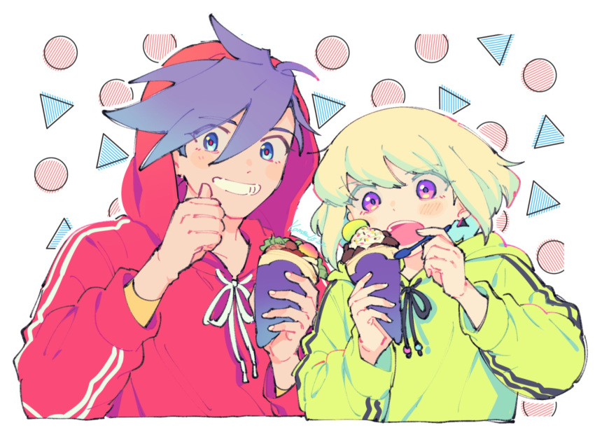 2boys alternate_costume blonde_hair blue_eyes blue_hair blush circle clenched_teeth earrings eating food galo_thymos green_hoodie highres holding holding_food holding_spoon hood hoodie ice_cream jewelry kome_1022 lio_fotia male_focus matching_outfits multiple_boys open_mouth otoko_no_ko promare red_hoodie red_pupils short_hair smile spoon teeth thumbs_up triangle triangle_earrings violet_eyes white_background