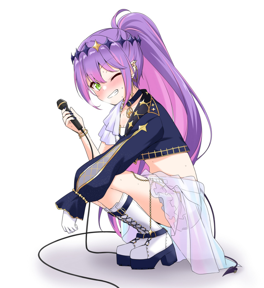1girl absurdres asymmetrical_sleeves chain_earrings felutiahime green_eyes highres holding holding_microphone hololive long_hair looking_at_viewer microphone midriff multicolored_hair official_alternate_costume one_eye_closed ponytail purple_hair smile solo streaked_hair tokoyami_towa tokoyami_towa_(break_your_xxx) uneven_sleeves virtual_youtuber waist_cape
