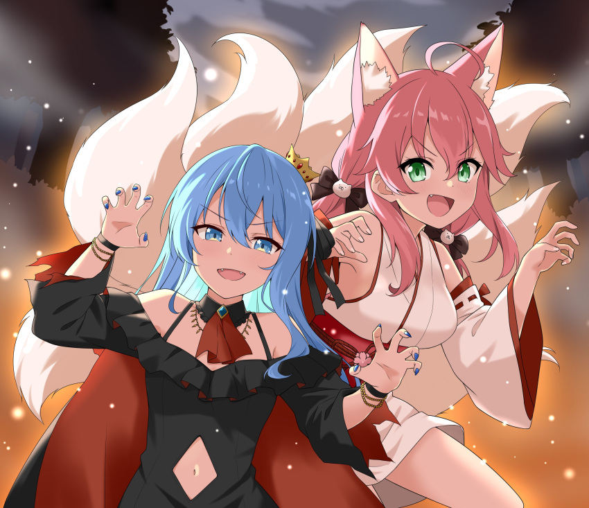 2girls absurdres ahoge animal_ears blue_eyes blue_hair breasts clothing_cutout commentary detached_sleeves fang felutiahime fox_ears fox_tail green_eyes hair_between_eyes hair_ornament hair_ribbon highres hololive hoshimachi_suisei jewelry long_hair looking_at_viewer multiple_girls navel navel_cutout open_mouth pink_hair ribbon sakura_miko smile tail virtual_youtuber