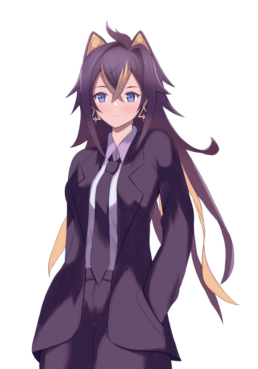 1girl animal_ears black_hair black_jacket black_necktie black_pants blue_eyes blush breasts closed_mouth collared_shirt commentary dehya_(genshin_impact) earrings genshin_impact hair_between_eyes hand_in_pocket highres jacket jewelry light_brown_hair long_hair medium_breasts multicolored_hair necktie nishiroji open_clothes open_jacket pants shirt simple_background solo streaked_hair very_long_hair white_background white_shirt