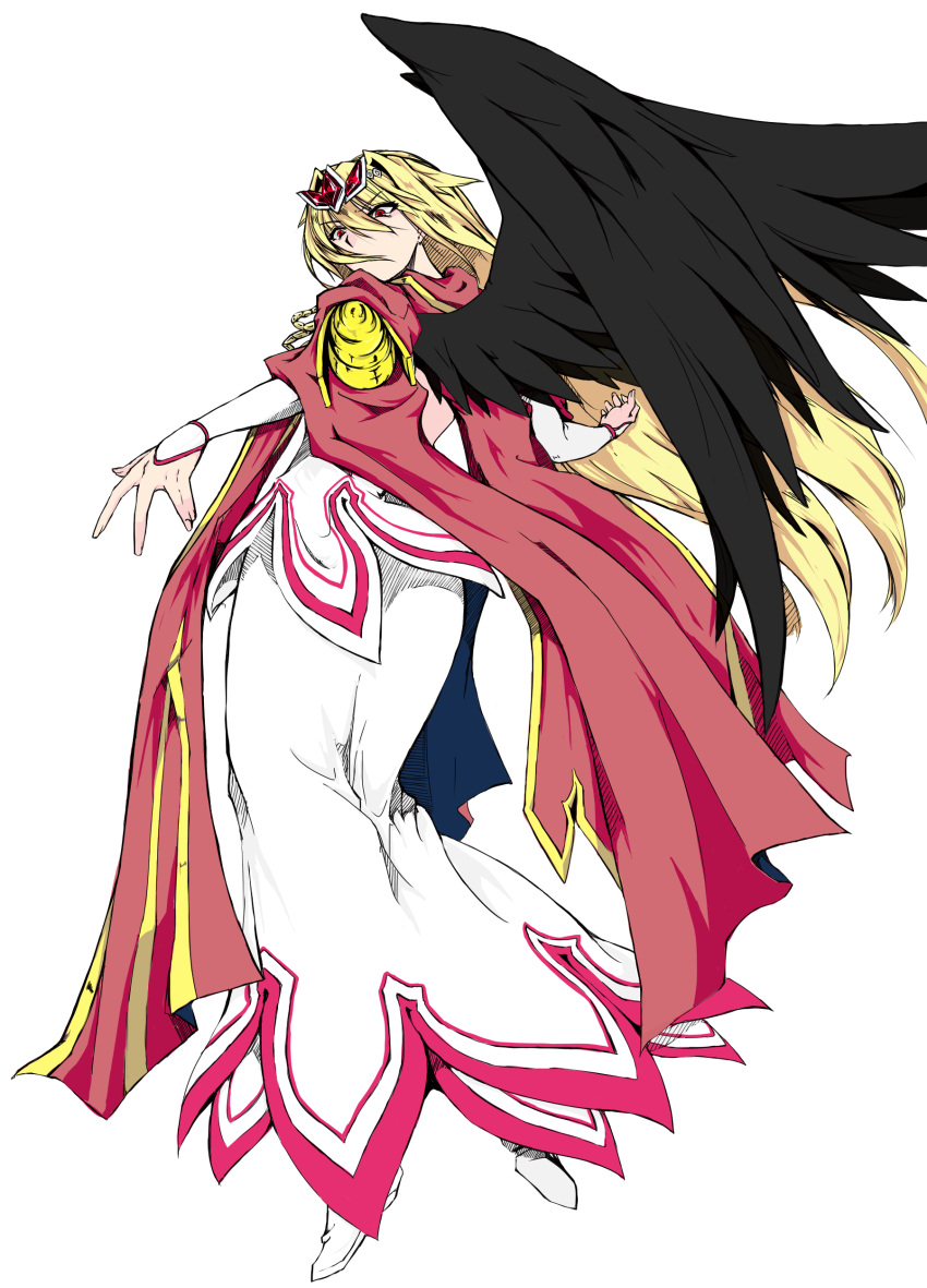 1girl absurdres angel black_wings blonde_hair breasts cape dress from_behind full_body highres large_breasts long_hair long_skirt open_mouth red_cape red_eyes ruphas_mafahl simple_background skirt tiara very_long_hair white_dress white_footwear wings yasei_no_last_boss_ga_arawareta