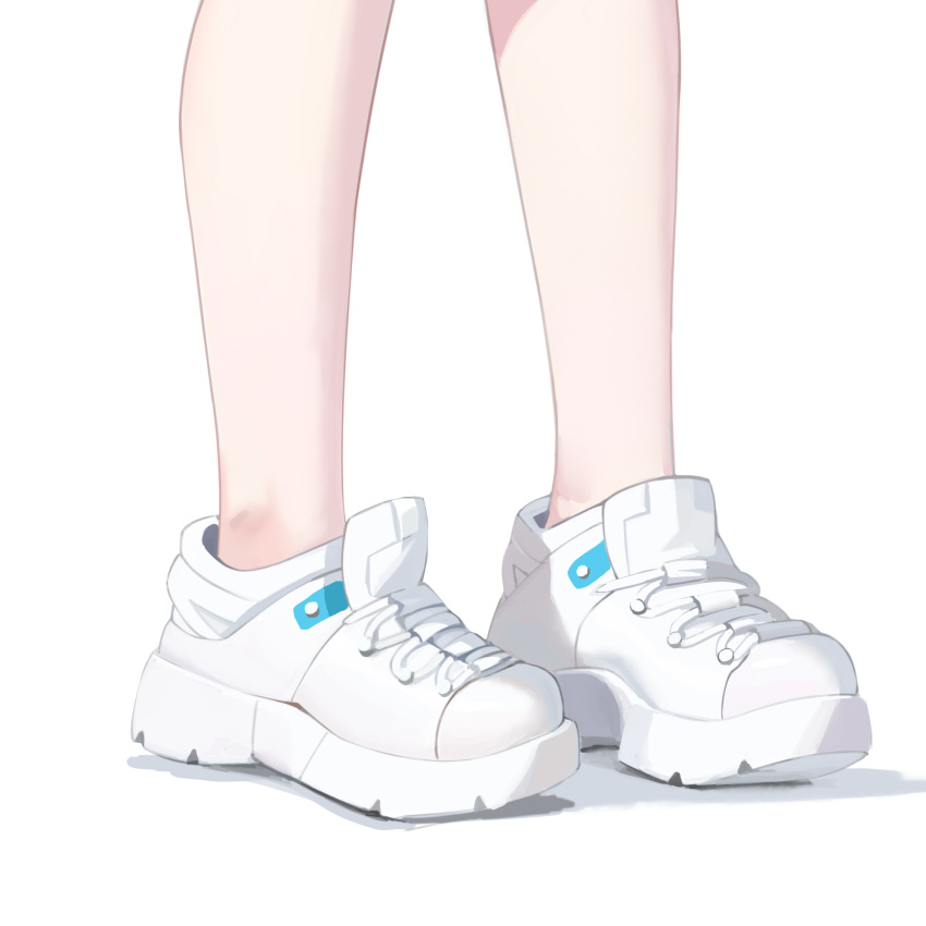 1girl blue_archive chinese_commentary close-up commentary cross-laced_footwear footwear_focus hibiki_(blue_archive) highres legs making-of_available no_socks shadow shoelaces shoes simple_background sneakers solo white_background white_footwear