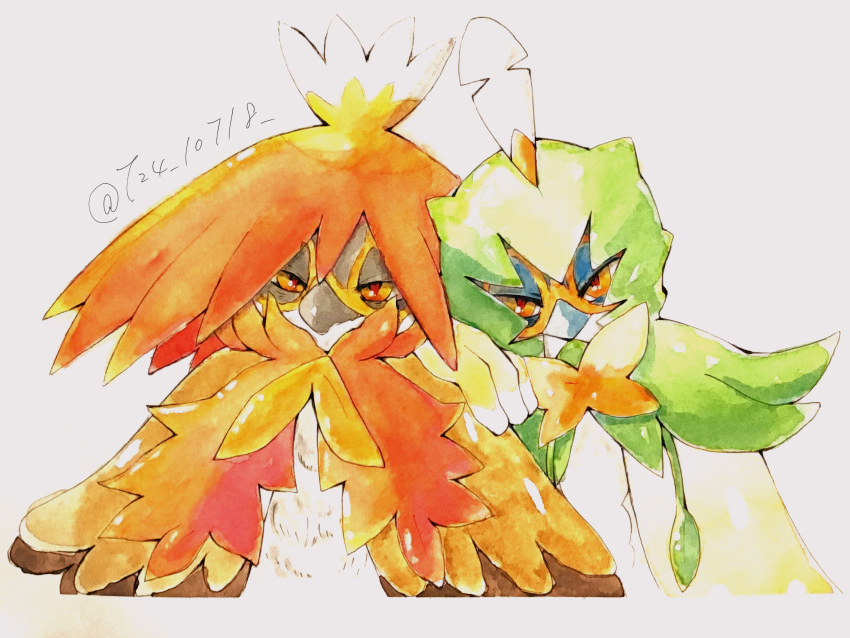 absurdres angry animal_focus bird closed_mouth decidueye feather_hair half-closed_eyes hand_on_another's_shoulder heads_together highres hisuian_decidueye leaning_on_person long_eyelashes looking_at_viewer no_humans owl painting_(medium) pokemon pokemon_(creature) red_pupils simple_background traditional_media twitter_username watercolor_(medium) white_background yellow_eyes zeyn5483