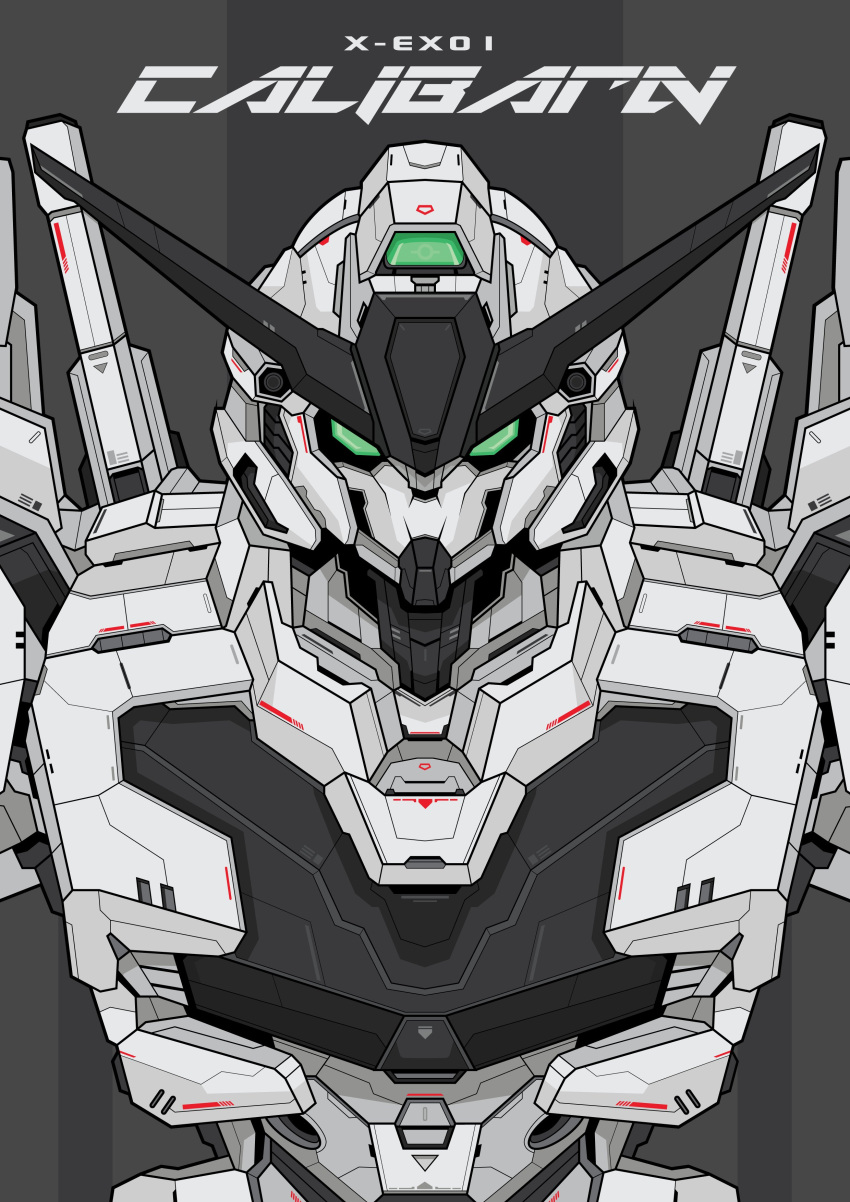 absurdres alternate_color character_name english_commentary english_text green_eyes grey_background gundam gundam_calibarn gundam_suisei_no_majo highres looking_at_viewer mecha mobile_suit no_humans robot science_fiction solo upper_body v-fin voxiela