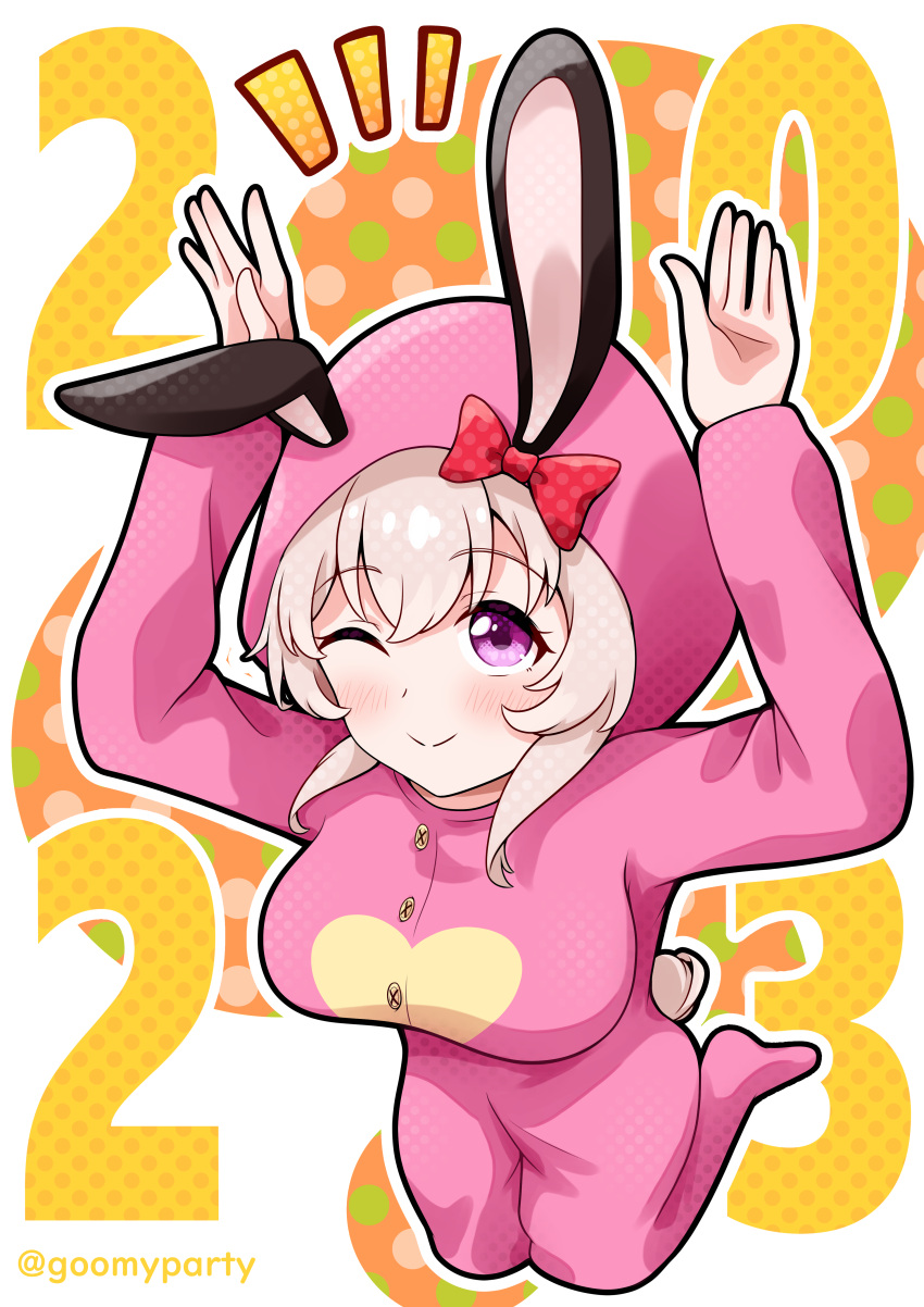 1girl 2023 ;) absurdres animal_ears animal_hood arms_up bow breasts brown_hair chinese_zodiac closed_mouth curren_chan_(umamusume) ear_bow fake_animal_ears full_body goom_(goomyparty) hair_between_eyes heart highres hood hood_up kneeling looking_at_viewer medium_breasts no_shoes notice_lines one_eye_closed onesie outline rabbit_ears rabbit_hood rabbit_pose rabbit_tail red_bow smile solo tail twitter_username umamusume violet_eyes white_outline year_of_the_rabbit