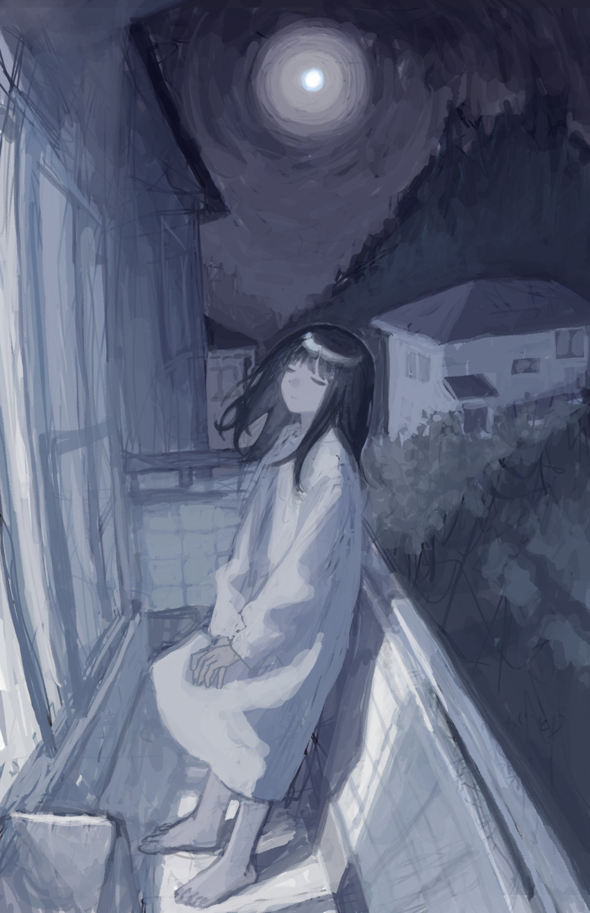 1girl absurdres balcony barefoot black_hair closed_eyes closed_mouth commentary_request facing_up floating_hair from_side full_body full_moon gaha_ma glass_door highres house long_hair long_sleeves moon mountain muted_color night nightgown original outdoors own_hands_together scenery shadow smile v_arms white_nightgown