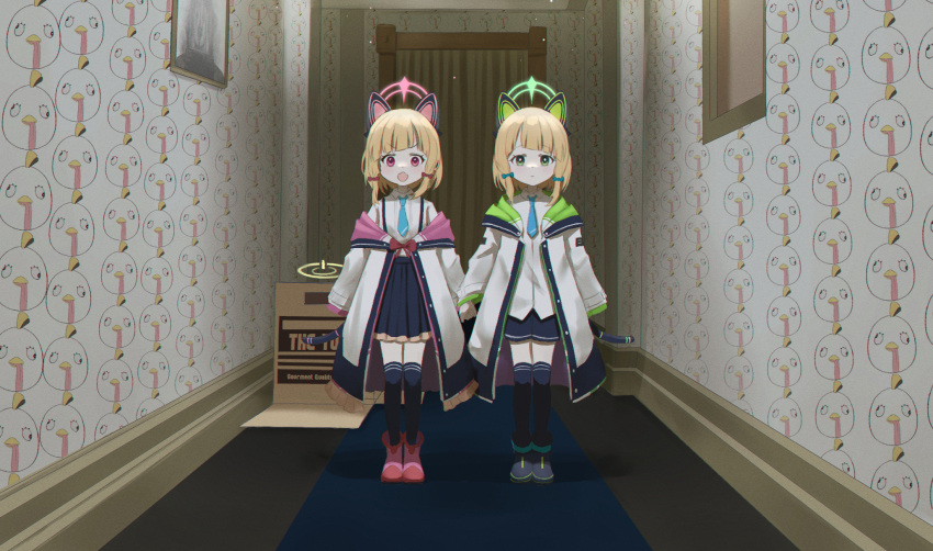 2girls animal_ear_headphones animal_ears black_shorts black_thighhighs blonde_hair blue_archive box cardboard_box cat_ear_headphones coat fake_animal_ears golconda_&amp;_decalcomania_(blue_archive) grady_sisters_(the_shining) green_eyes halo headphones highres indoors long_sleeves looking_at_viewer midori_(blue_archive) momoi_(blue_archive) multiple_girls open_clothes open_coat open_mouth peroro_(blue_archive) pink_eyes ribbon shirt shorts skirt standing suspender_skirt suspenders the_shining thigh-highs white_coat white_shirt ziz_(pandora707)