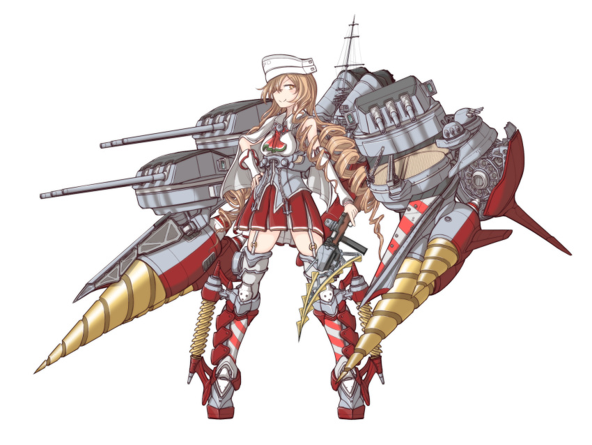 1girl breasts brown_eyes cannon capelet detached_sleeves drill drill_hair full_body garter_straps hachidori_(ippatsuya) highres kantai_collection light_brown_hair long_hair mecha_musume medium_breasts miniskirt original personification pleated_skirt red_skirt rigging simple_background skirt smile smokestack solo standing turret twin_drills very_long_hair white_background white_capelet white_garter_straps