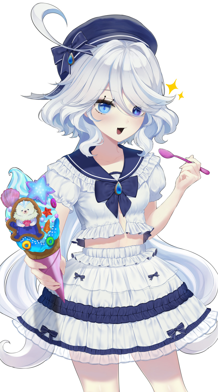 1girl absurdres ahoge alternate_costume blue_eyes blue_sailor_collar food furina_(genshin_impact) genshin_impact hat highres holding holding_spoon ice_cream kotneo looking_at_viewer midriff open_mouth outstretched_arm outstretched_hand puffy_short_sleeves puffy_sleeves sailor_collar sailor_hat sailor_shirt shirt short_sleeves smile sparkle spoon white_hair white_shirt