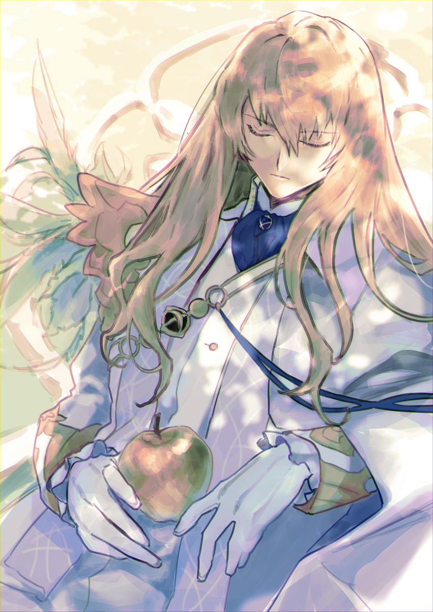 1boy absurdres apple ascot blonde_hair blue_ascot blue_brooch brooch cape chromatic_aberration closed_eyes closed_mouth commentary dappled_sunlight fate/grand_order fate_(series) feathers food frilled_sleeves frills fruit gloves golden_apple hair_between_eyes highres holding holding_food holding_fruit jacket jewelry kirschtaria_wodime long_hair long_sleeves male_focus outdoors sitting sleeping sleeve_cuffs solo soraharu_(mojatta) suit sunlight upper_body white_cape white_feathers white_gloves white_jacket white_suit