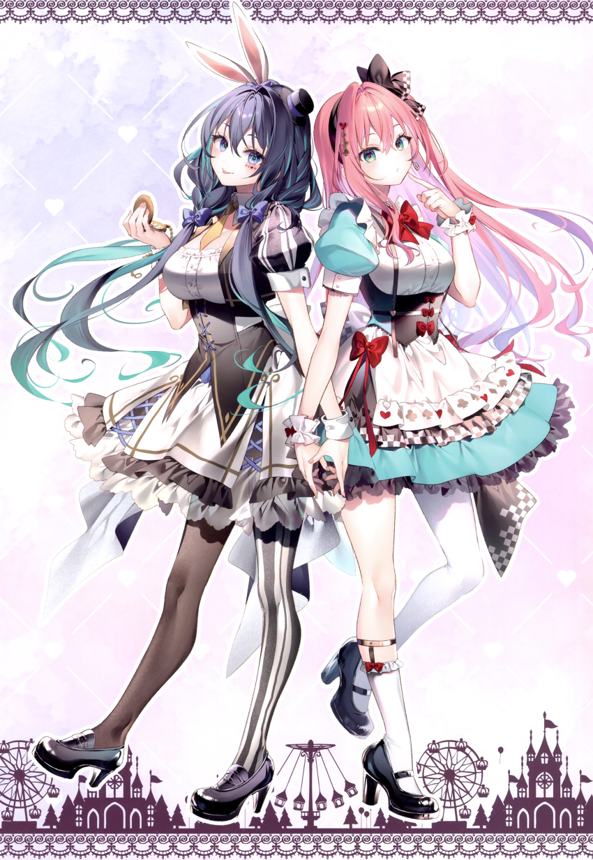 2girls absurdres alice_(alice_in_wonderland) alice_(alice_in_wonderland)_(cosplay) alice_in_wonderland animal_ears asymmetrical_clothes asymmetrical_legwear back-to-back black_hair blue_eyes blush breasts buttons checkered_clothes cosplay dress earrings facial_tattoo fake_animal_ears fingernails frilled_dress frilled_skirt frills full_body gradient_background hair_ornament hairband hairclip hand_up hat high_heels highres holding index_finger_raised jewelry long_hair looking_at_viewer luanastia_fluegel medium_breasts mini_hat multiple_girls necktie original pantyhose pink_hair pocket_watch puffy_short_sleeves puffy_sleeves rabbit_ears red_ribbon rianastia_flugel ribbon riichu scan shoes short_dress short_sleeves simple_background single_thighhigh skirt smile socks striped tattoo thigh-highs tongue tongue_out vertical_stripes violet_eyes watch white_rabbit_(alice_in_wonderland) white_rabbit_(alice_in_wonderland)_(cosplay) wrist_cuffs