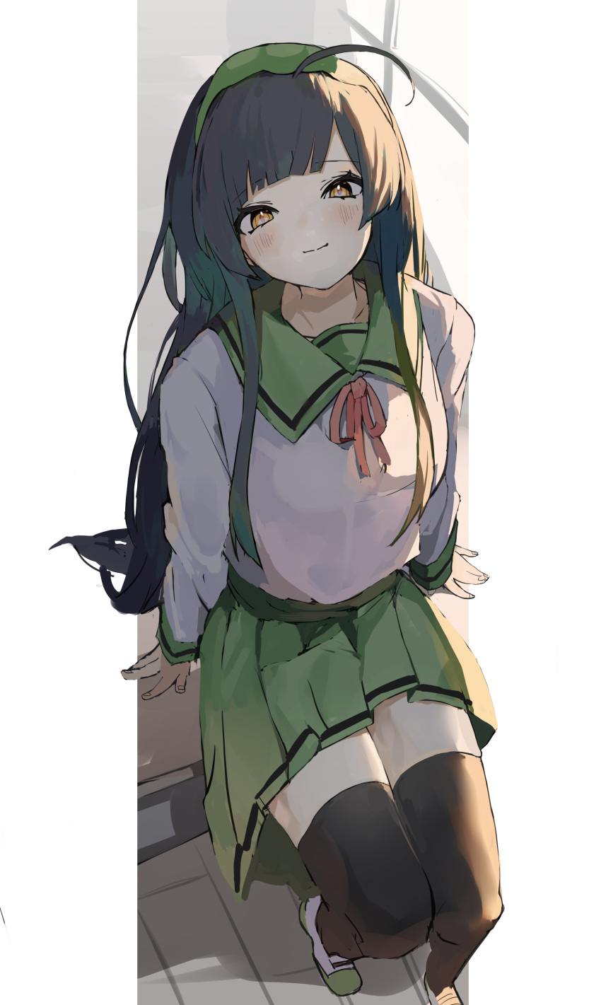 1girl absurdres ahoge alternate_costume arm_support black_hair black_thighhighs blush classroom closed_mouth desk foreshortening from_above full_body green_hairband green_sailor_collar green_skirt hairband half-closed_eyes highres long_hair long_sleeves looking_at_viewer looking_up neck_ribbon on_desk pillarboxed pink_ribbon pocche-ex ribbon sailor_collar school_desk school_uniform serafuku shirt shoes sidelighting sidelocks sitting sitting_on_desk skirt smile solo thigh-highs touhoku_zunko uwabaki voiceroid white_shirt window wooden_floor yellow_eyes