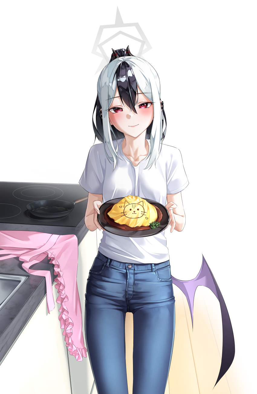 1girl absurdres apron bare_shoulders black_hair blue_archive blush breasts collarbone demon_wings denim food halo highres holding holding_tray jeans kayoko_(blue_archive) looking_at_viewer ly_7317 multicolored_hair omelet pants pink_apron red_eyes shirt single_wing small_breasts smile solo streaked_hair tray unworn_apron white_hair white_shirt wings