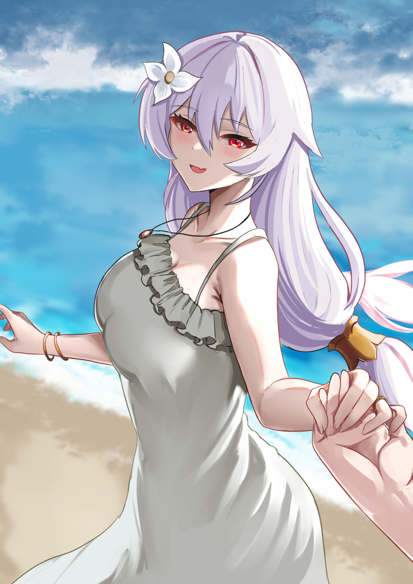 1girl absurdres beach bracelet breasts commentary day dress english_commentary flower grey_dress hair_between_eyes hair_flower hair_ornament highres holding_hands honkai_(series) honkai_impact_3rd jewelry large_breasts long_hair low-tied_long_hair necklace open_mouth out_of_frame outdoors pov pov_hands red_eyes shirt smile solo_focus spaghetti_strap theresa_apocalypse tian_kazuki white_flower white_shirt