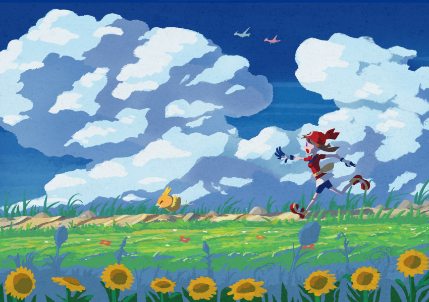 1girl absurdres bandana blue_shorts blue_sky brown_hair chasing clouds commentary cumulonimbus_cloud flower full_body gloves highres latias latios may_(pokemon) open_mouth outdoors pokemon pokemon_(creature) pokemon_(game) pokemon_rse red_bandana red_footwear red_shirt running shirt shorts sky sunflower torchic tulip violet_eyes waoo_76 white_gloves