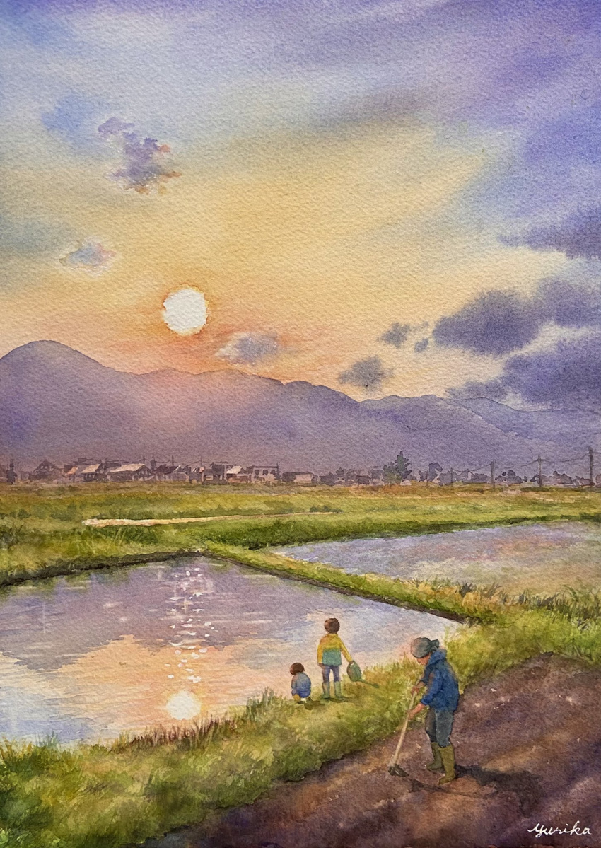 1girl 2boys building clouds cloudy_sky farm farming grass highres hoe holding holding_hoe holding_watering_can house mountain mountainous_horizon multiple_boys ooy33151086 orange_sky original power_lines reflection reflective_water rice_paddy sky sun town utility_pole water watering_can