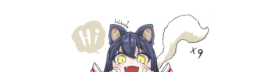1girl :d ahri_(league_of_legends) artist_name black_hair blush facial_mark fang fox_girl fox_tail hands_up league_of_legends lolboja long_hair looking_at_viewer portrait simple_background smile solo speech_bubble tail whisker_markings white_background yellow_eyes