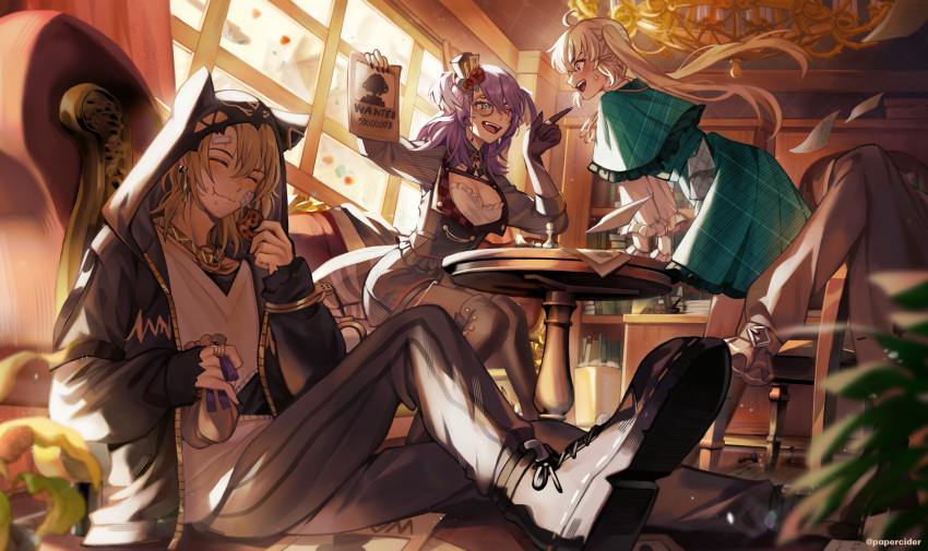 1boy 2girls black_thighhighs blonde_hair blue_eyes breasts cleavage_cutout closed_eyes closed_mouth clothing_cutout day eating food_in_mouth grey_pants heterochromia highres hood hooded_jacket indoors jacket large_breasts leaning_forward long_hair long_sleeves looking_at_another luca_kaneshiro monocle multiple_girls nijisanji nijisanji_en open_mouth pants papercider pink_eyes pointy_ears pomu_rainpuff purple_hair selen_tatsuki shoes short_hair smile table thigh-highs twintails virtual_youtuber
