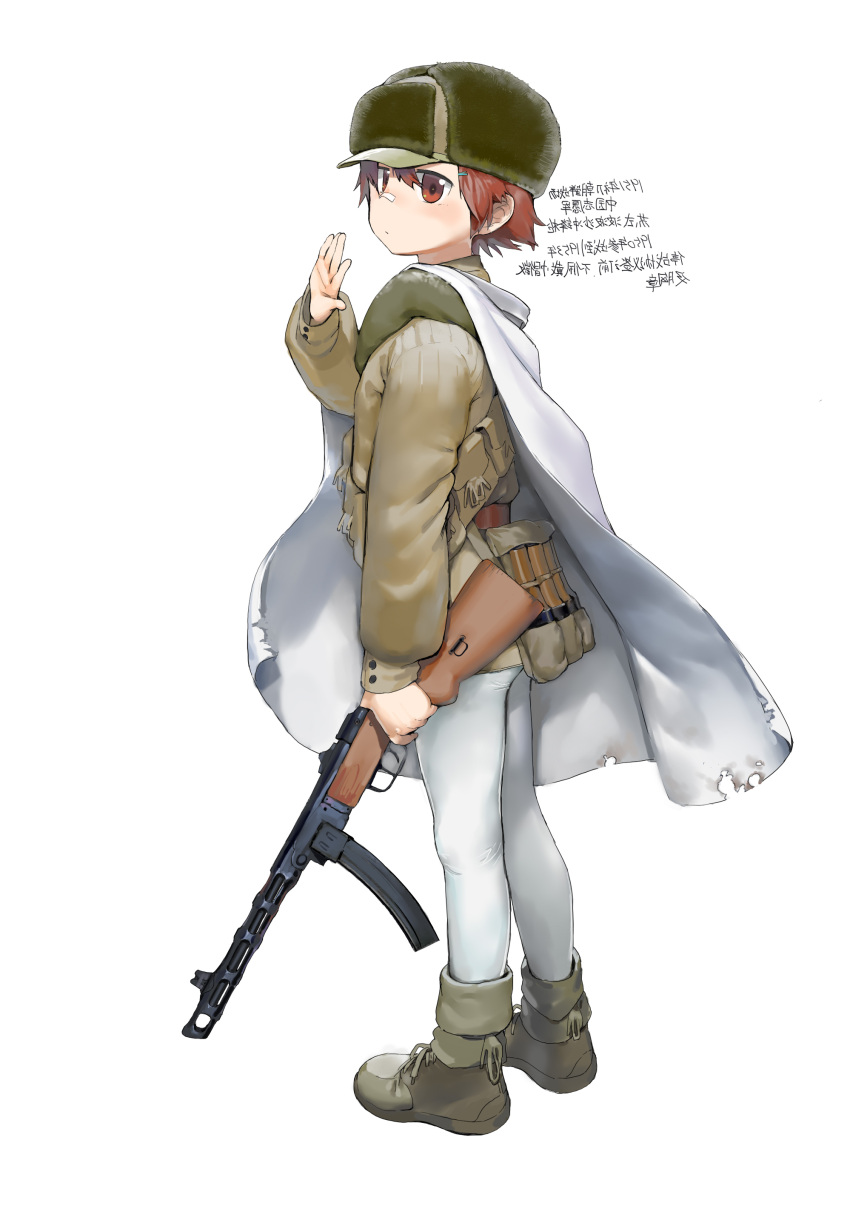absurdres assault_rifle cape closed_mouth green_footwear green_headwear gun highres holding holding_gun holding_weapon military original pantyhose red_eyes redhead rifle simple_background weapon white_background white_cape white_pantyhose zhongye_yu
