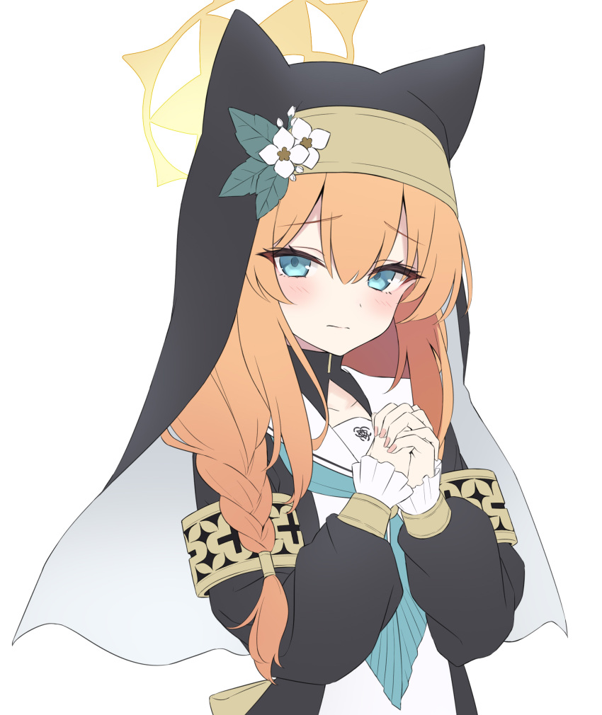 1girl absurdres animal_ear_headwear azuuru blue_archive blue_eyes blush closed_mouth coif flower habit halo hat hat_flower highres long_hair long_sleeves looking_at_viewer mari_(blue_archive) nun orange_hair simple_background solo upper_body white_background white_flower yellow_halo
