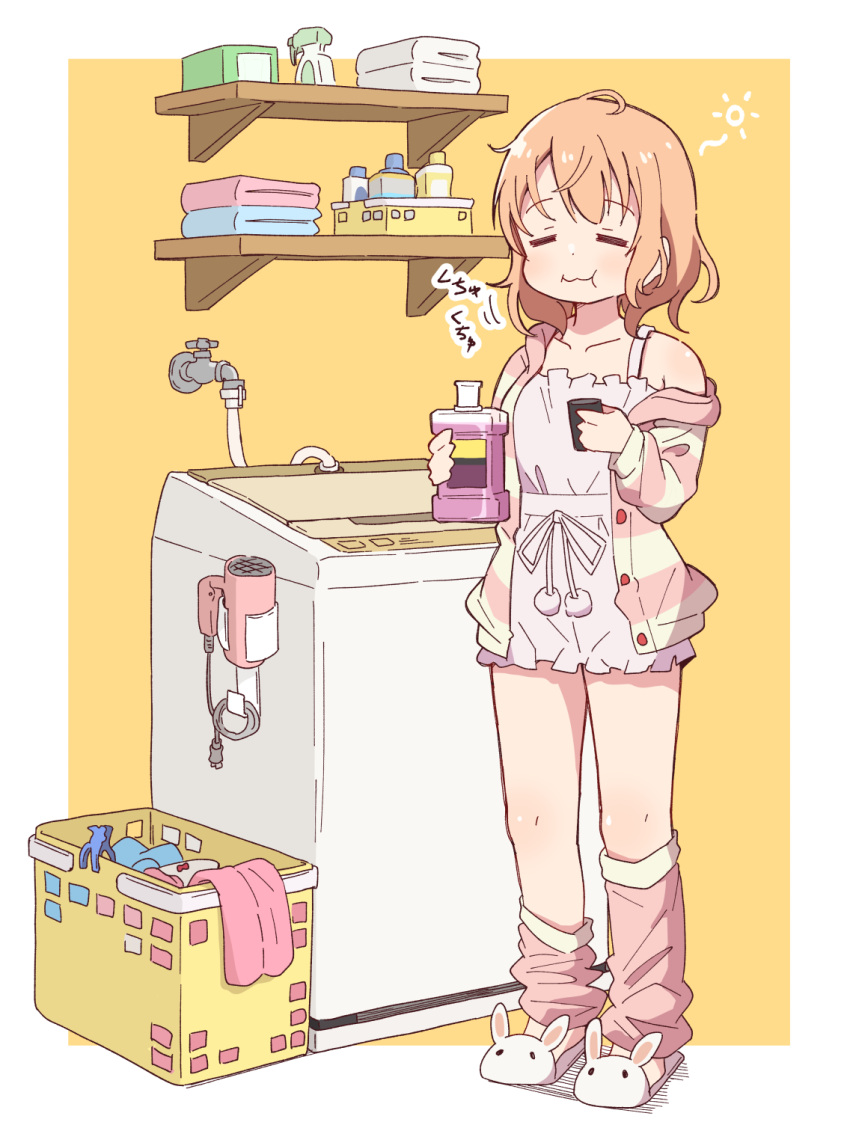1girl animal_slippers basket blue_towel border bottle breasts bunny_slippers buttons closed_mouth clothes_pin collarbone commentary_request facing_viewer faucet full_body gochuumon_wa_usagi_desu_ka? hair_dryer highres holding holding_bottle hoto_cocoa jacket laundry_basket leg_warmers loungewear messy_hair mohei motion_lines mouthwash multicolored_clothes multicolored_jacket open_clothes open_jacket orange_hair pink_jacket pink_leg_warmers pink_shirt pink_shorts pink_towel pom_pom_(clothes) shelf shirt short_hair shorts simple_background single_bare_shoulder slippers small_breasts solo spray_bottle standing striped striped_jacket sun_symbol towel two-tone_jacket washing_machine wavy_mouth white_border white_footwear white_towel yellow_background yellow_jacket