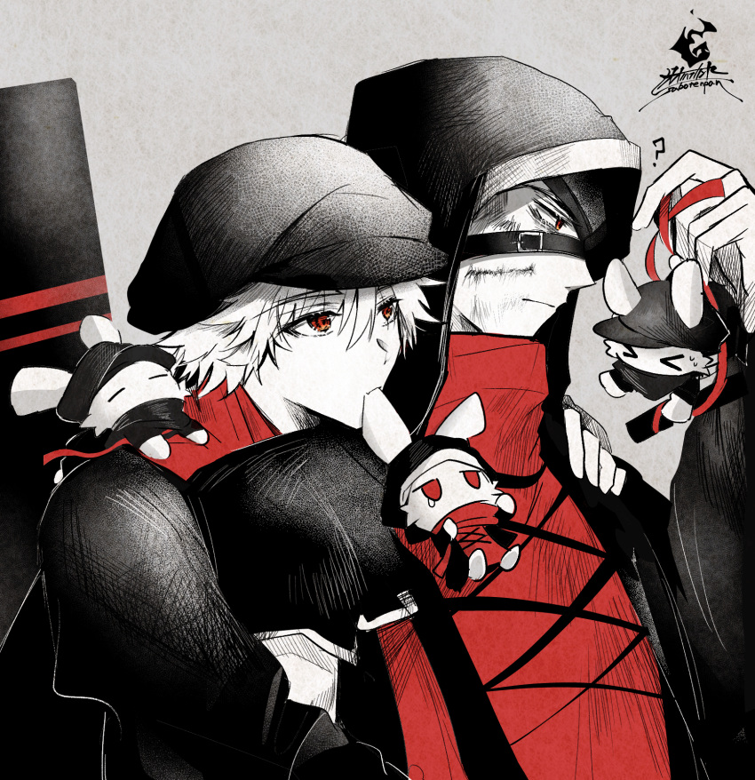 &gt;_&lt; 2boys ? arknights cabbie_hat closed_eyes grey_background hair_between_eyes hand_on_another's_shoulder hand_up hat hateful_avenger_(arknights) highres holding hood hood_up hooded_jacket jacket limited_palette male_focus monochrome mouth_hold multiple_boys oonohara_kenya open_clothes open_jacket red_(npc)_(arknights) red_eyes red_shirt shirt signature simple_background tears upper_body