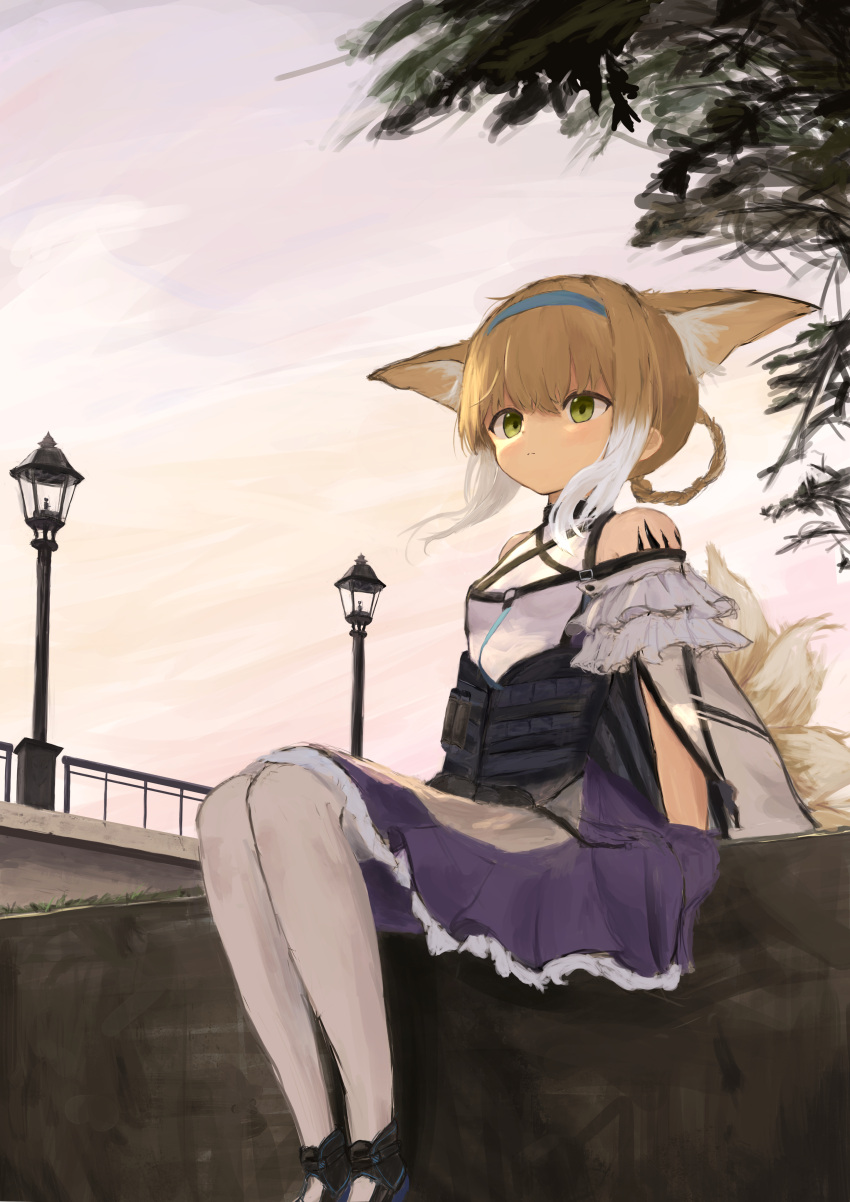 1girl absurdres animal_ear_fluff animal_ears arknights bare_shoulders blonde_hair braided_hair_rings closed_mouth clothing_cutout colored_tips commentary dress eufi_(eufyhouse) feet_out_of_frame fox_ears fox_girl fox_tail frilled_sleeves frills green_eyes hair_rings highres kitsune kyuubi medium_dress multicolored_hair multiple_tails oripathy_lesion_(arknights) outdoors pantyhose purple_dress short_sleeves shoulder_cutout sitting solo suzuran_(arknights) tail two-tone_hair white_hair white_pantyhose