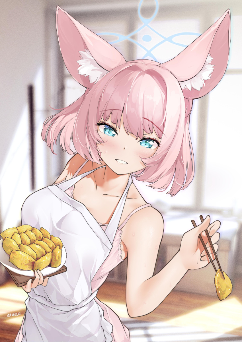 1girl absurdres animal_ears apron blue_archive blue_eyes blush breasts camisole chopsticks food fox_ears fox_girl halo highres holding holding_chopsticks holding_food holding_plate inarizushi indoors liu_zhao looking_at_viewer medium_breasts niko_(blue_archive) pink_camisole pink_hair plate short_hair smile standing sunlight sushi white_apron window wooden_floor