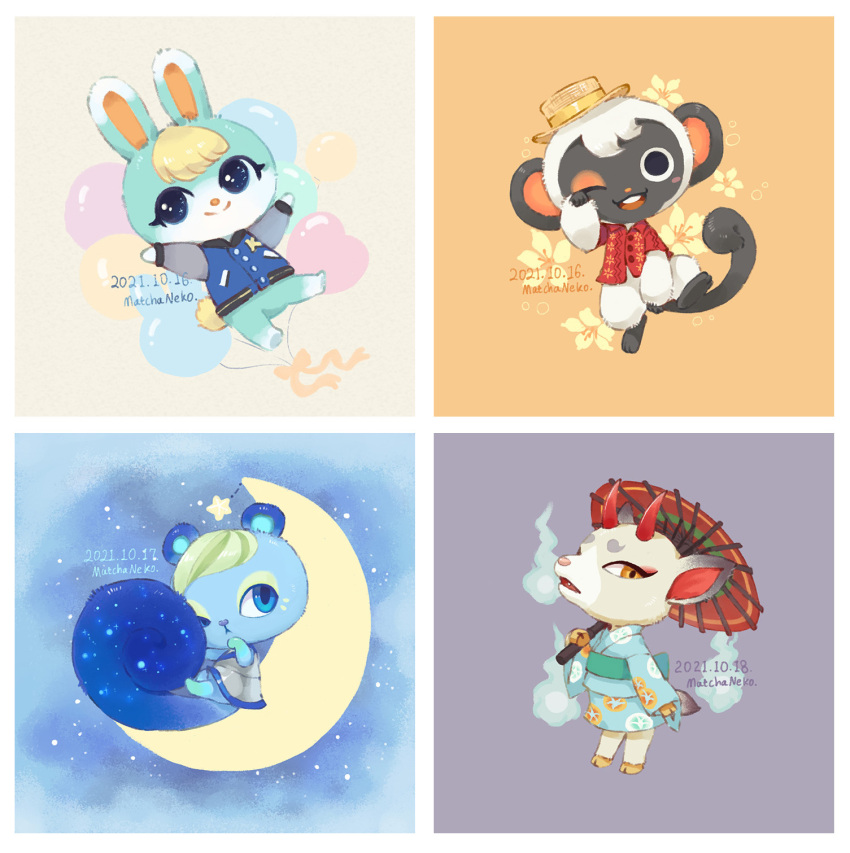2boys 2girls ;&lt; ;d animal_crossing aqua_kimono arms_up artist_name balloon blue_eyes blue_jacket blush blush_stickers boater_hat border brown_headwear buttons closed_mouth collared_shirt commentary crescent crescent_moon dated dress english_commentary fang floral_print flower furry furry_female furry_male green_sash grey_background grey_dress hat heart heart_balloon highres holding holding_umbrella horns ione_(animal_crossing) jacket japanese_clothes kimono letterman_jacket long_sleeves looking_at_viewer matchaneko monkey_boy moon multiple_boys multiple_girls niko_(animal_crossing) obi oil-paper_umbrella on_crescent one_eye_closed open_mouth orange_background orange_eyes print_kimono purple_background rabbit_balloon rabbit_boy red_horns red_shirt red_umbrella sash sasha_(animal_crossing) shino_(animal_crossing) shirt short_sleeves simple_background sky sleeveless sleeveless_dress smile split_mouth squirrel_girl star_(sky) star_(symbol) starry_sky teeth umbrella upper_teeth_only white_border will-o'-the-wisp_(mythology) yellow_flower
