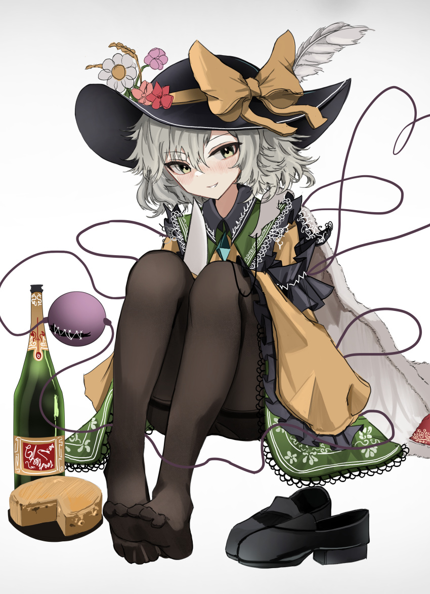 1girl absurdres alcohol ass black_pantyhose champagne cheese feet floral_print flower food full_body green_eyes green_hair green_skirt hat hat_flower highres holding holding_knife jacket knife komeiji_koishi looking_at_viewer ougiikun pantyhose pink_flower red_flower shoes skirt smile soles solo thigh-highs toes touhou unworn_shoes white_background white_flower yellow_jacket